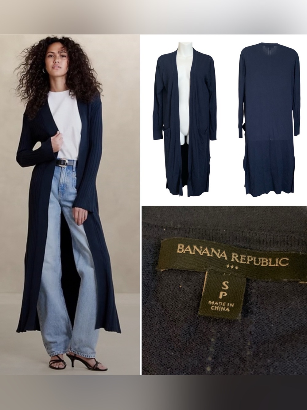 Banana Republic Navy Blue Duster Open Cardigan Long Maxi Lightweight Travel ~ S